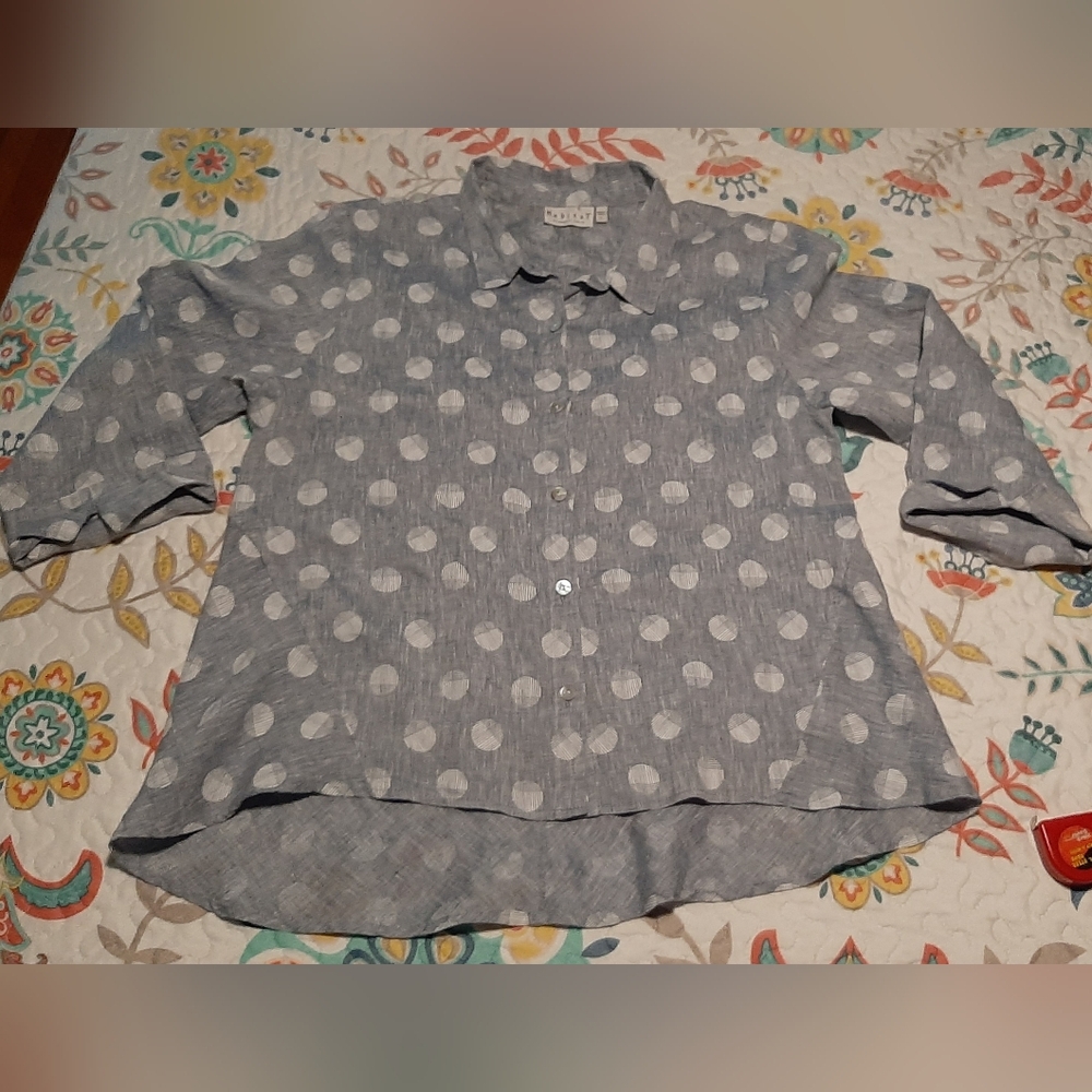 Habitat 100% Linen Button Down 3/4 Sleeve Navy White Circles Blouse Size L, EUC!